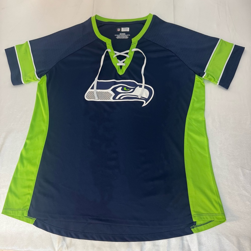 Seattle Seahawks NFL Apparel Lace Up Jersey Tee Shirt with Silver Glitter Logo